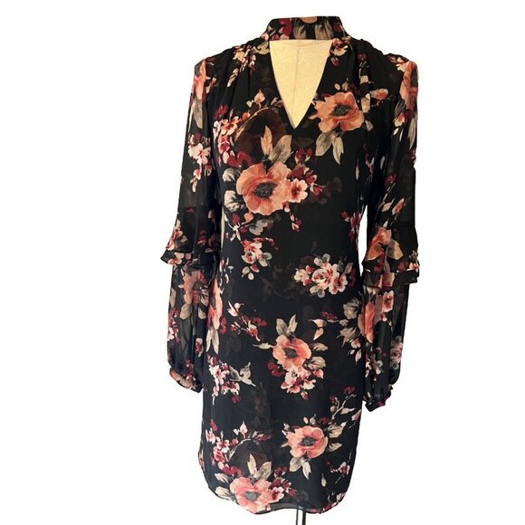 WHBM Blouson Dress PM Medium Petite Black Pink Floral Long Sleeve Washable - Picture 1 of 13